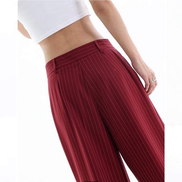 Stylish Asymmetrical Burgundy Striped Pants - Picture 3 of 10
